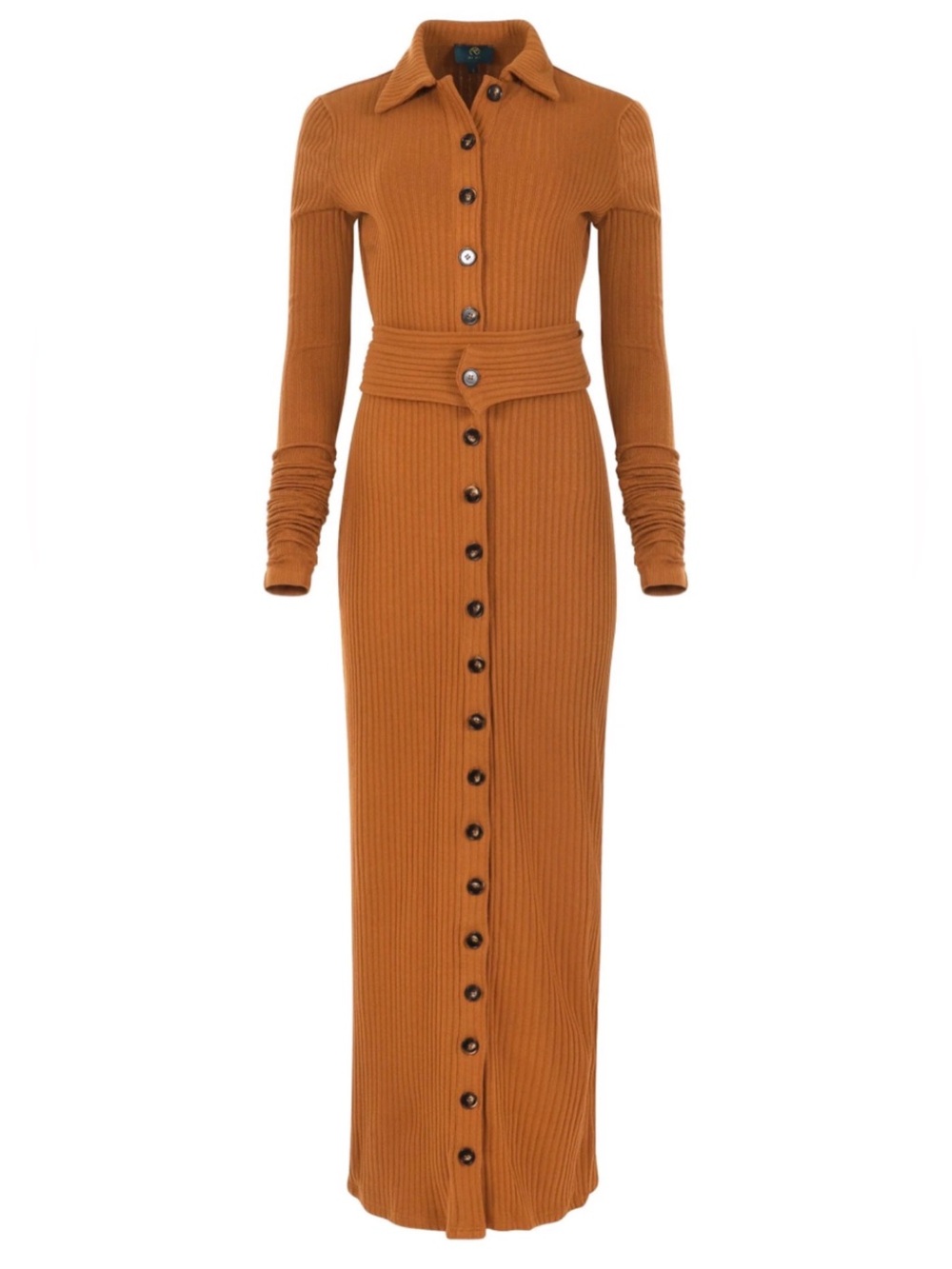 Long-Sleeve Ribbed Maxi Dress with Belt in Caramel